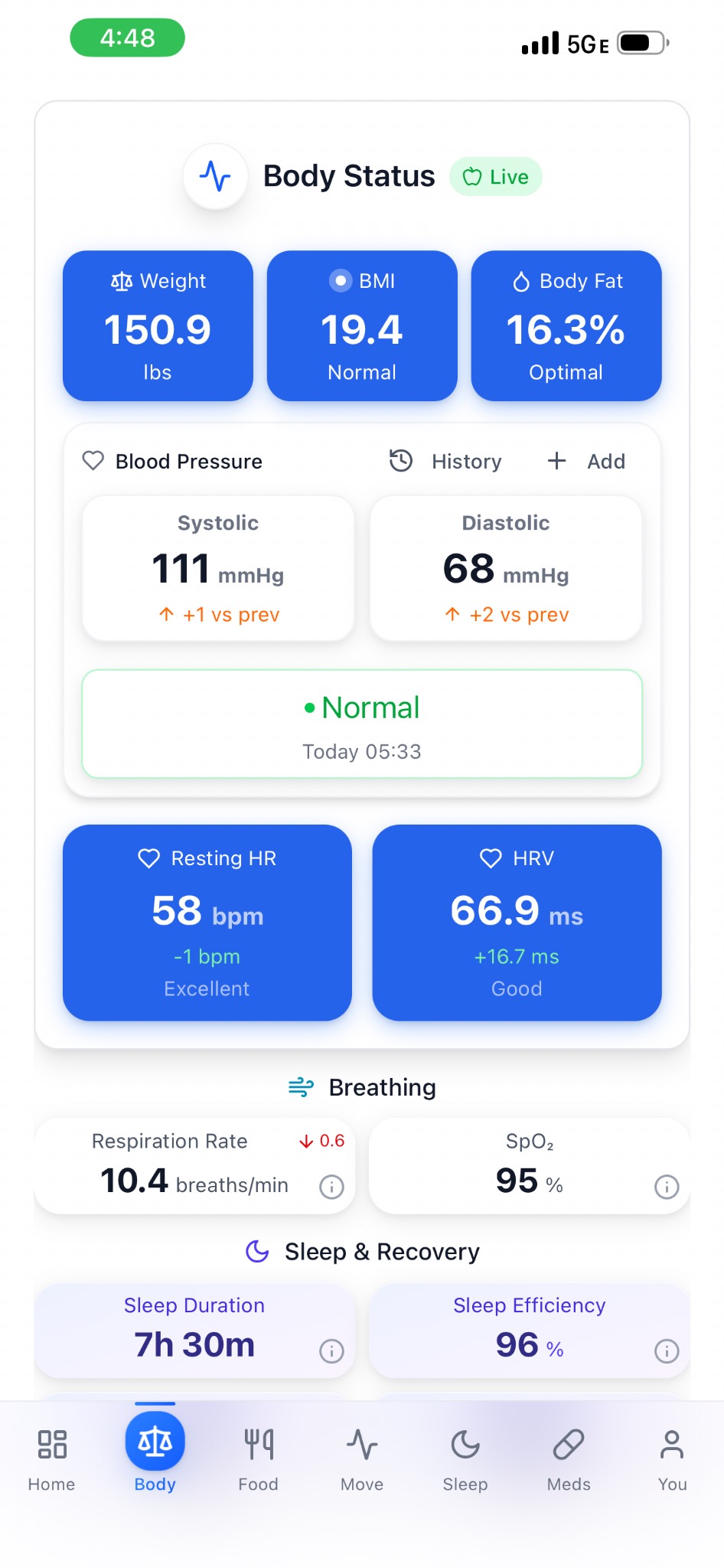 Body metrics screen
