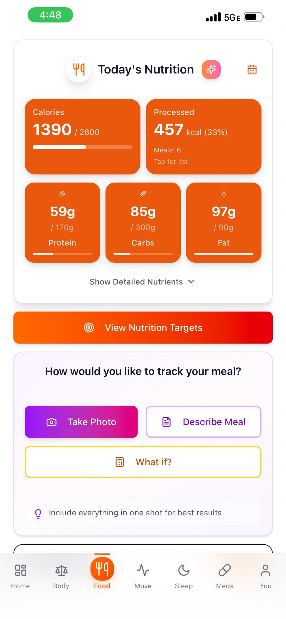 Nutrition tracking screen