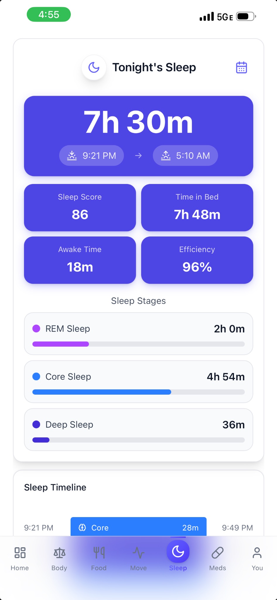 Sleep tracking screen